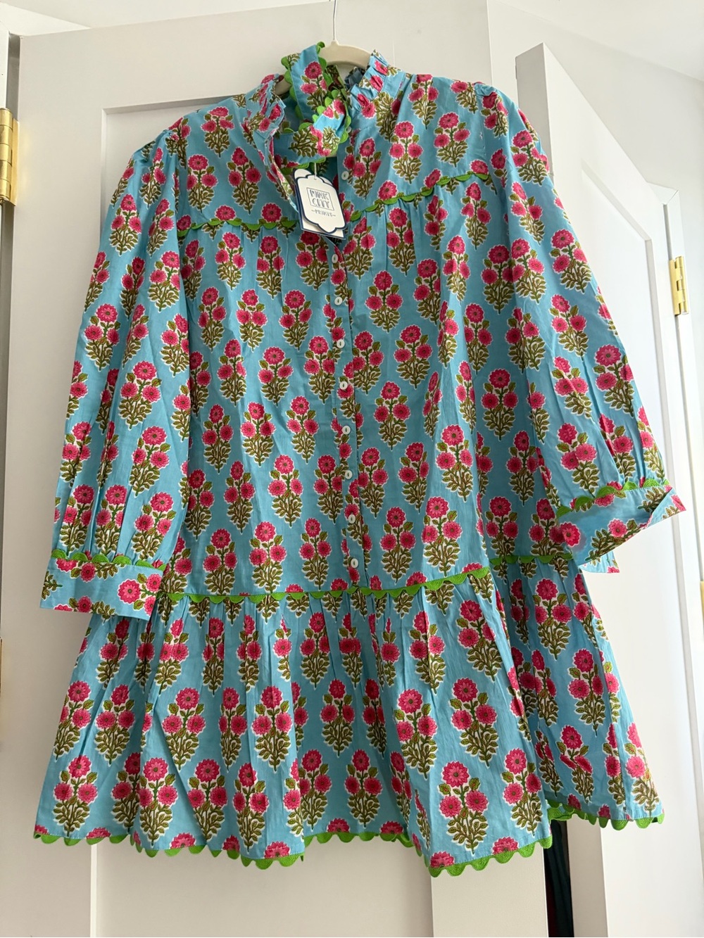 Bright Blue Floral Peplum Top with Pink Flowers